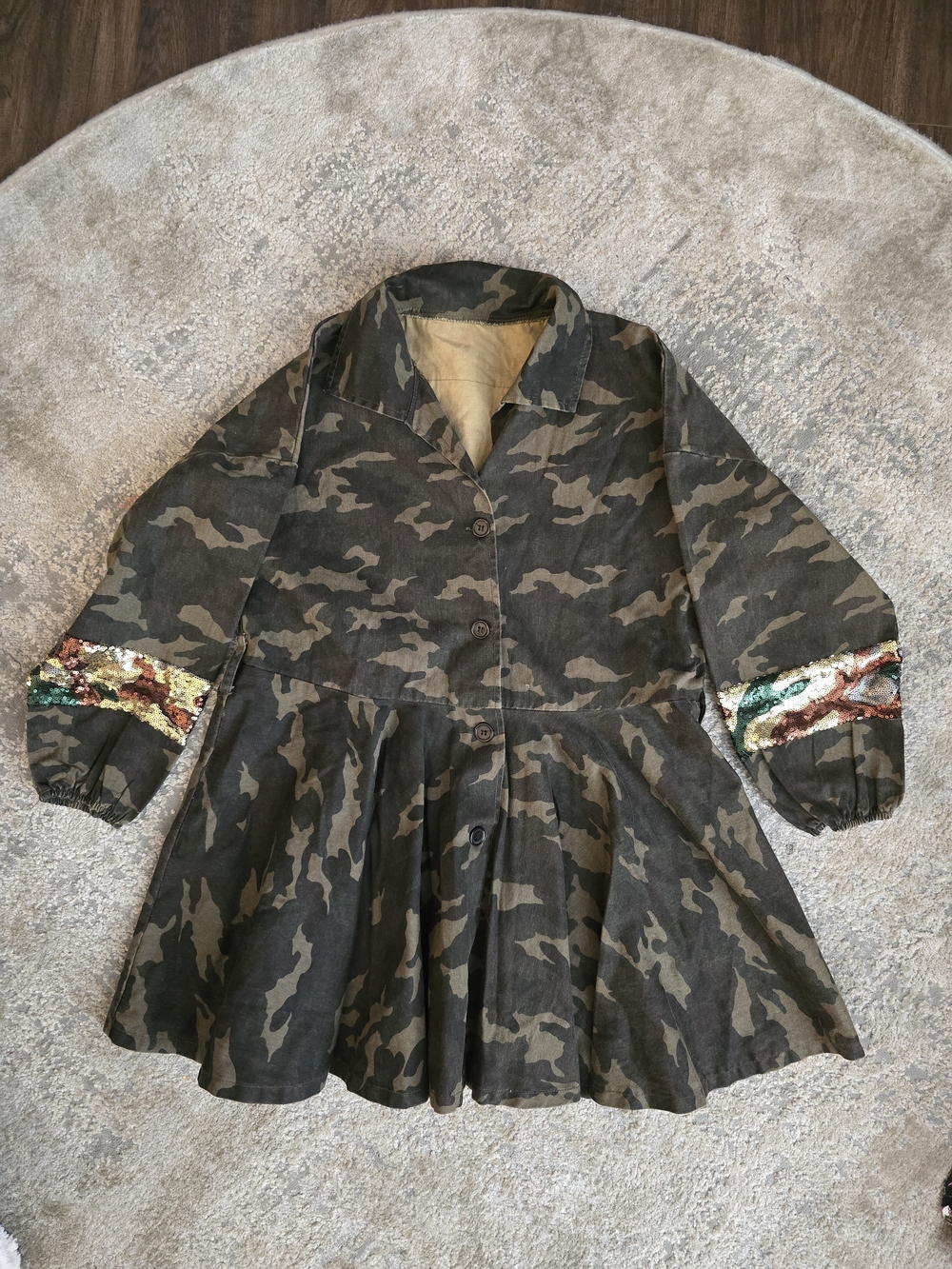 Camo Button-Front Mini Dress with Sequin Sleeve and Back Detail